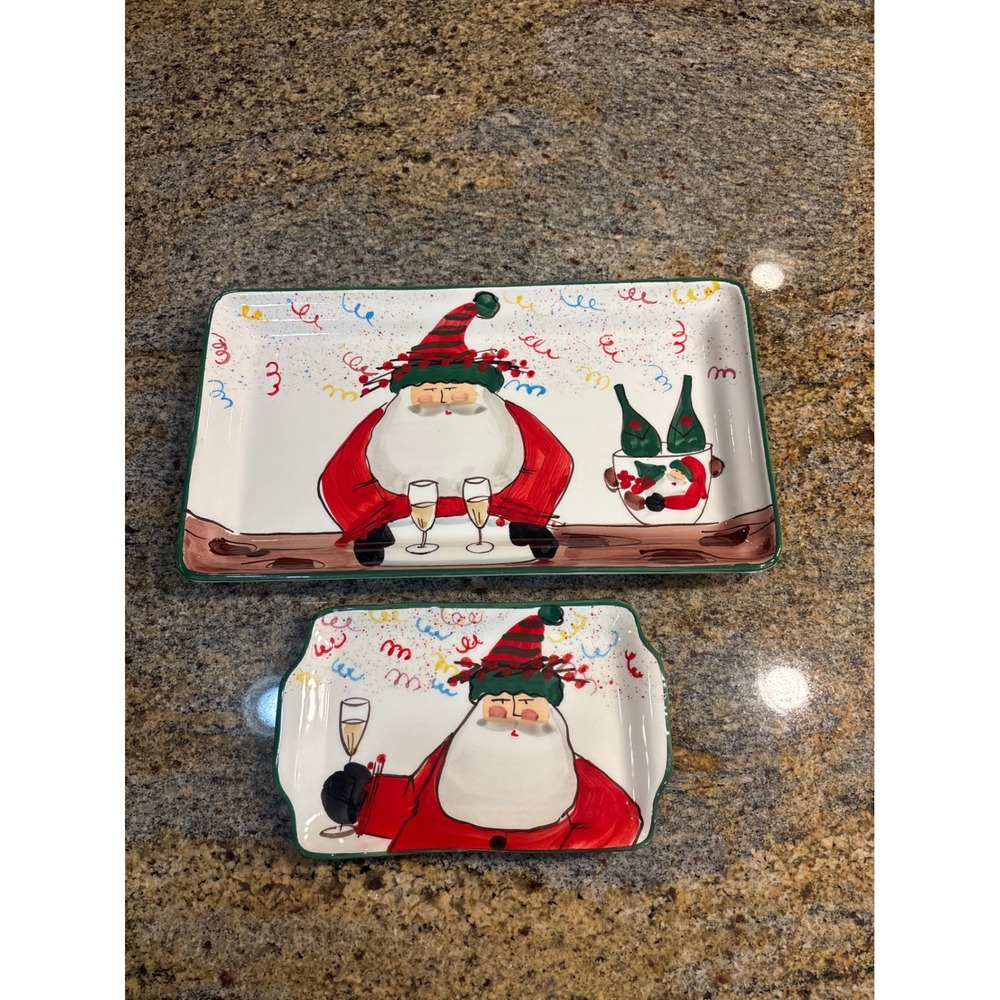 Vietri Old St Nick 2018 Limited Edition Platters Set 2 Santa Champagne Signed
